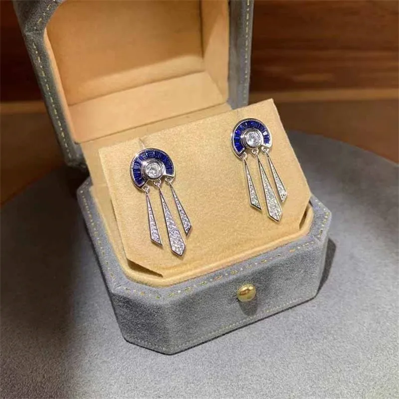 Creative Roman trapezoidal blue crystal tassel earrings for women light luxury trend retro style elegant earring jewelry