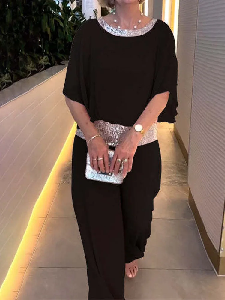 Pink Sequined Loose Blouse and Wide Leg Trousers Set for Women