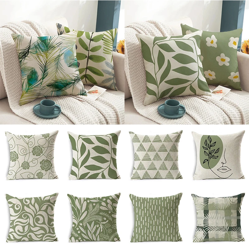 2022 Geometric Green Art Pattern Cushion Cover Linen Material Sofa Car Chair Home Decor Gift Pillow 45x45CM |