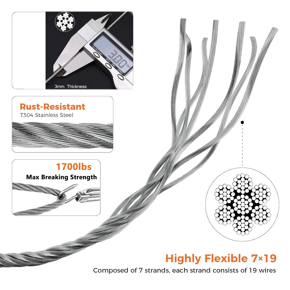 Stainless Steel Wire Rope 1/8 inch 3mm 304 Heavy Duty For Outdoor Tent