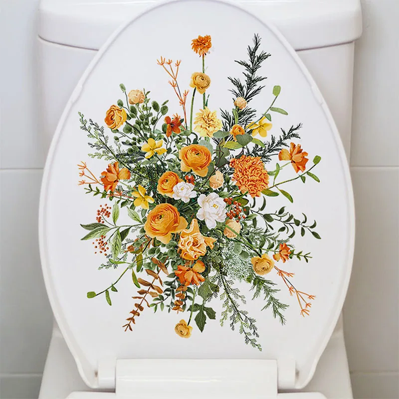 Toilet Stickers Seat Cover Toilet Tank Orange Beautiful Flowers Leaves Home Decorative Self-adhesive Paper Wall Art Waterproof