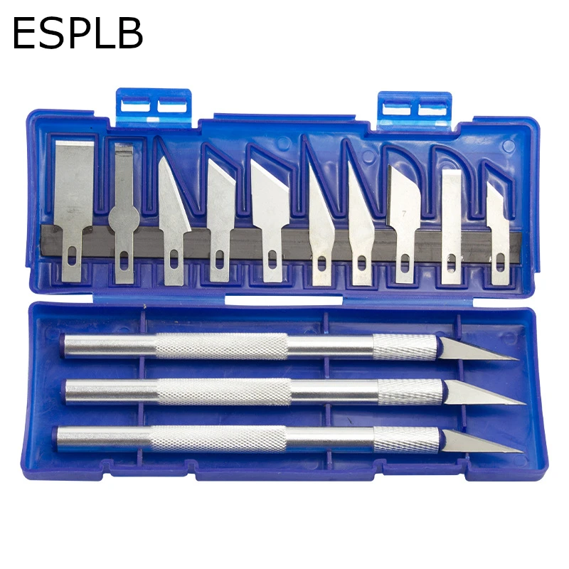 ESPLB 13 Stück/Set Metall-Skalpellmesser, tragbare blaue Box, inklusive 3 Stück Schnitzgriffen und 10 Stück Messerklingen, DIY Manuel-Reparaturwerkzeug – Detail 2
