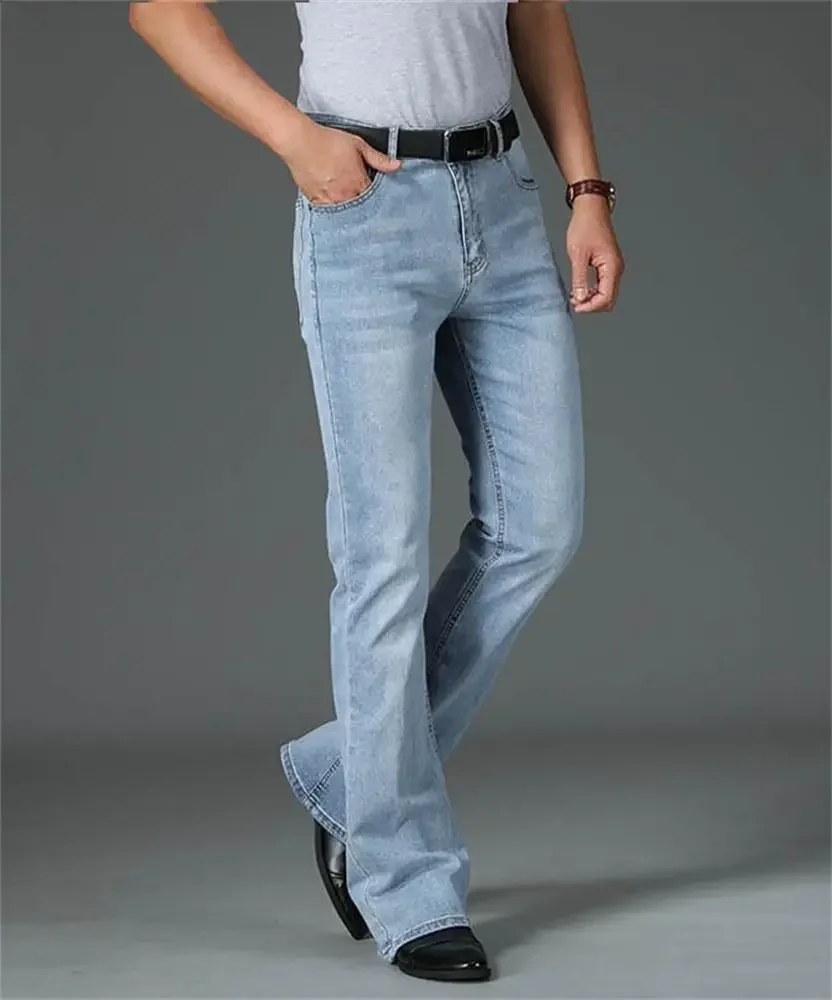 Spring 2024 Vintage Flared Jeans For Men Boot Cut Denim Jeans Classic Bell Bottom Casual Pants Fashion Light Blue Trousers 6