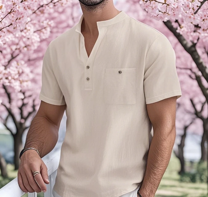 Chemise d't en coton et lin pour hommes, dcontracte, manches ...