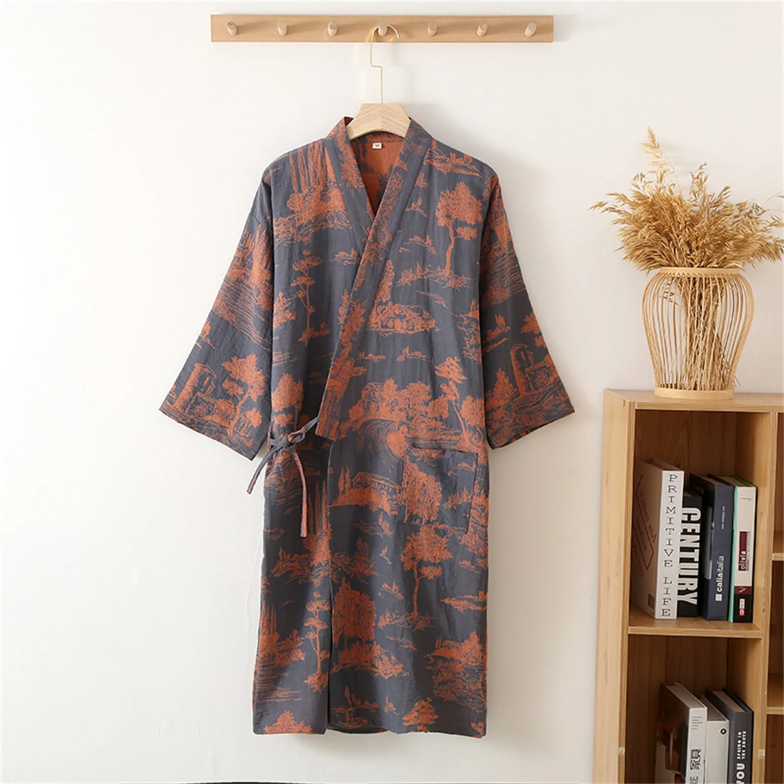 

Men's Cotton Yarn Dyed Double Jacquard Washed Thin Large Size Lace Up Kimono Robe Bathrobe Steamed Bathrobe