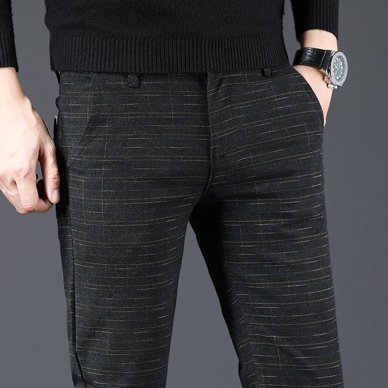 Pantaloni slim da uomo spazzolati autunno inverno imitazione cotone lino elastico piccoli pantaloni neri casual da lavoro scozzesi dritti 1