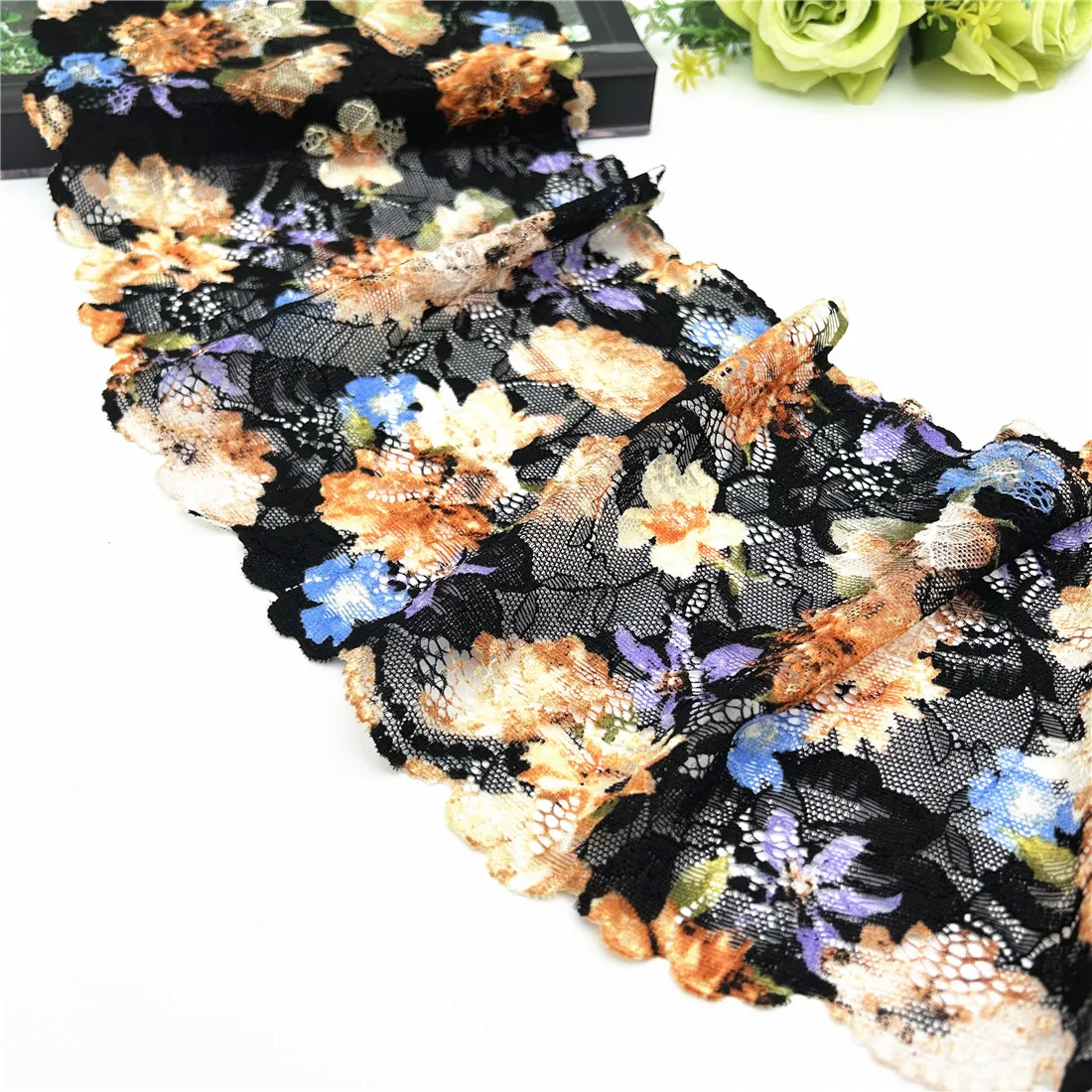 3y/lot Width18cm Mixed Black Floral Elastic Stretch Lace Trim 3