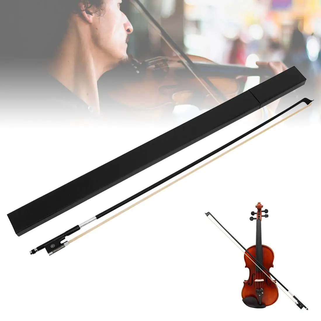 Carbon Fiber 4/4 Full Size Ebony Wood Frog Violin Bow for Advance Level Violins with Storage Box Horsehair Fiddle Bow