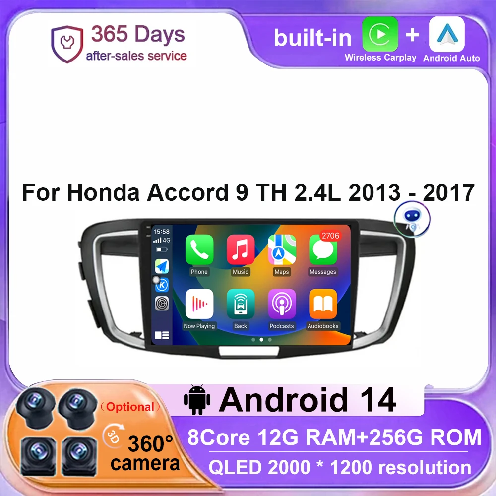 

For Honda Accord 9 TH 2.4L 2013 - 2017 Android 14 Car Radio Multimedia Video Player Navigation Stereo GPS Carplay Auto screen BT