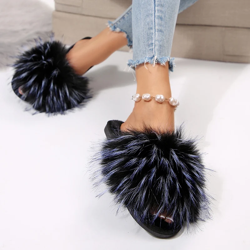 Fashion Mix Color Fluffy Furry Slippers Women Comfortable Soft Flat Sole Slides Woman Autumn Winter Open Toe Plush Slippers