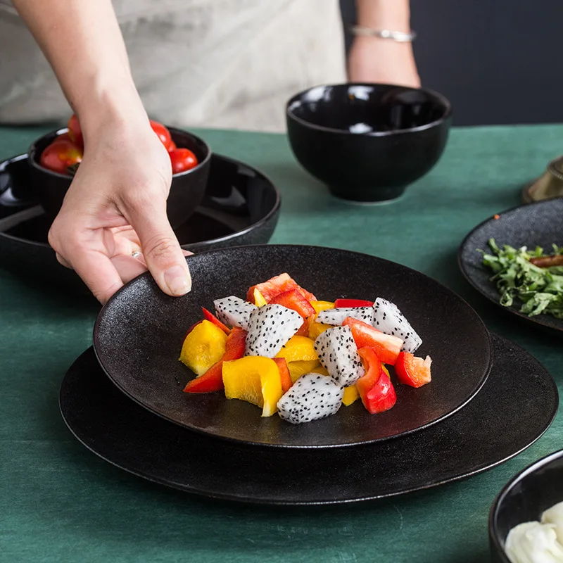 

Simple high-grade frosted black gold sand ceramic tableware creative rice bowl soup plate spoon Home Restaurant