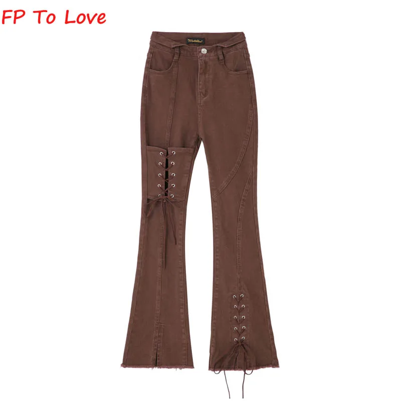 

Brown Denim Flare Jeans Vintage Lace-up Stylish Woman Pants Blue Split Black Female Long Trousers Quality