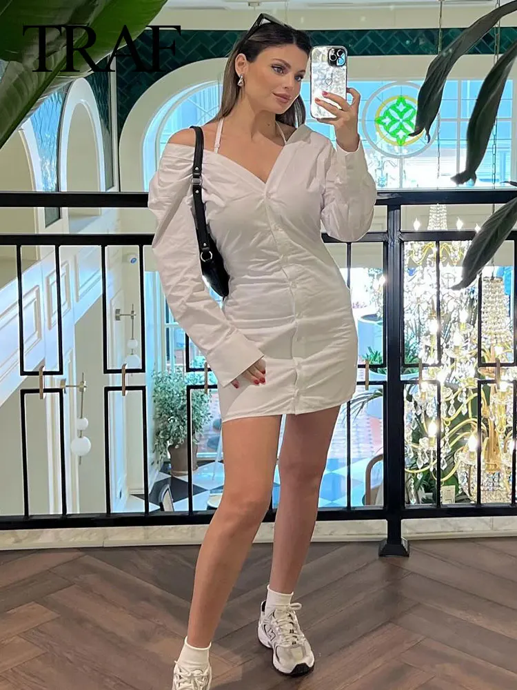 

TRAF Spring Fashion Dress Woman White Halter Neck Long Sleeves Off Shoulders Single Breasted Sexy Shirt Style Female Short Dress