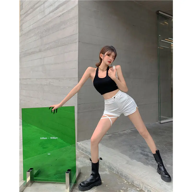 Summer New Irregular Black High Waist Straight Shorts Solid Color Thin Lacing Versatile Tight Pants Sexy Fashion Women Clothing
