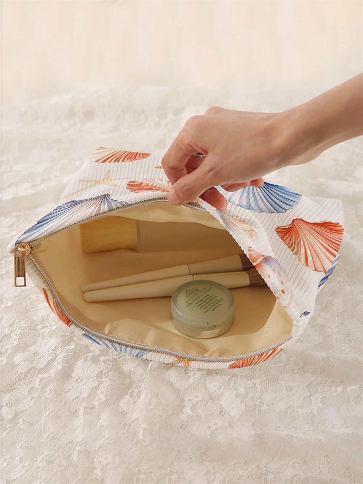 Ocean shell patterned corduroy makeup bag, lightweight zipper makeup storage box, multifunctional bag with lining