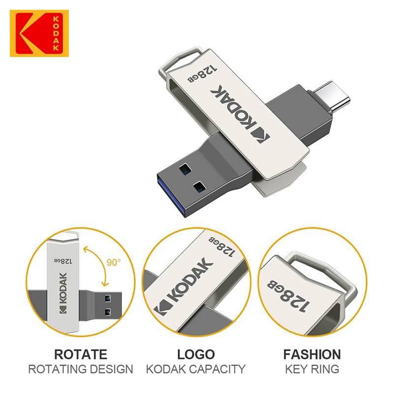 KODAK K273 USB 3.2 메모리 스틱, 금속 USB 플래시 드라이브, 128GB U 디스크 펜 드라이브, OTG 2 in 1, C타입 장치 Mac용, 64GB, 128GB