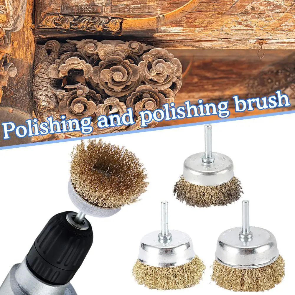 

50mm/65mm/75mm Shank Steel Wire Brush Brass Plated Wheels Brushes Drill Rotary Tools Metal Rust Removal Polishing Brush