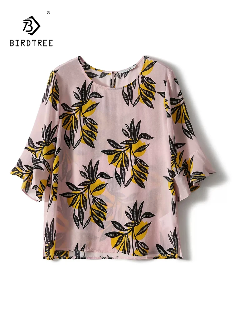 

BirdTree, 100%Mulberry Silk Elegant T-Shirt, Women O Neck Butterfly Sleeve Printed, Commute Vacation Tops, 2024 Summer T45356QC