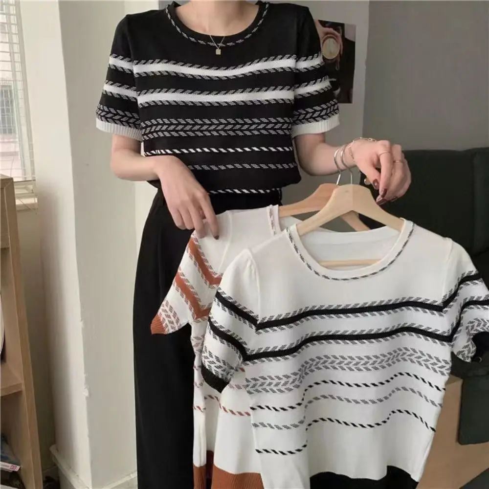Fashion Ins Short Sleeve Crop Top Loose Summer Stripe Knitted T-shirt Female Clothing Bottoming Shirt Knitwear Women Summer
