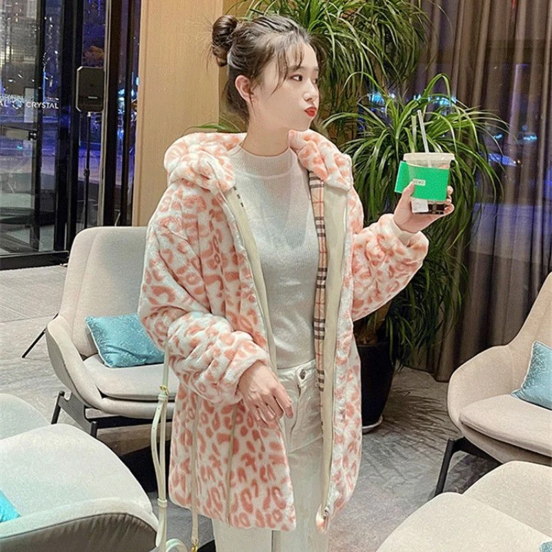 2023 Winter New Women Fashion Faux Mink Fur Coat Female Mid-Length Loose Large Size Hooded Casual Leopard Print Thicken Outwear