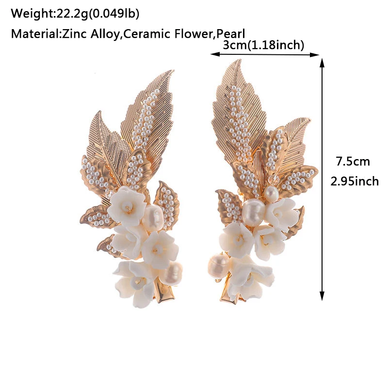 2pcs/lot Ceramic Flower Hairpins Metal Leaf Freshwater Pearl Hair Clips for Women Bridal Wedding Hair Accessories Bride Jewelry