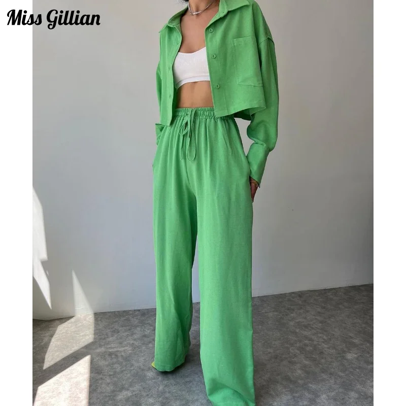

Long Sleeve Shirts Women's Suit Autumn Clothes Solid Color Crop Tops High Waist Wide Leg Pants Sets Office Lady Casual 2 Piece