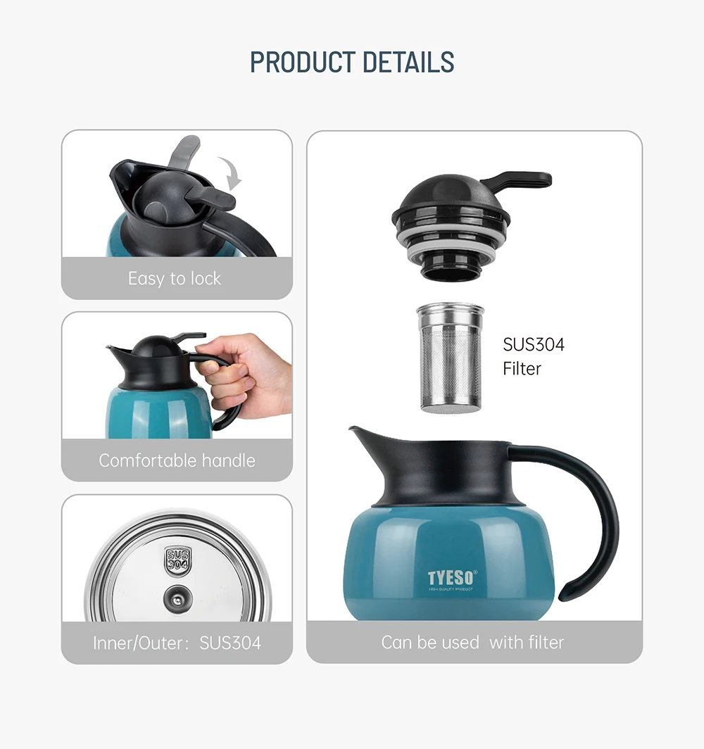 Tyeso Thermos Pot Insulated Stainless Steel Coffee Pot Suitable For Home /Office 1Liter