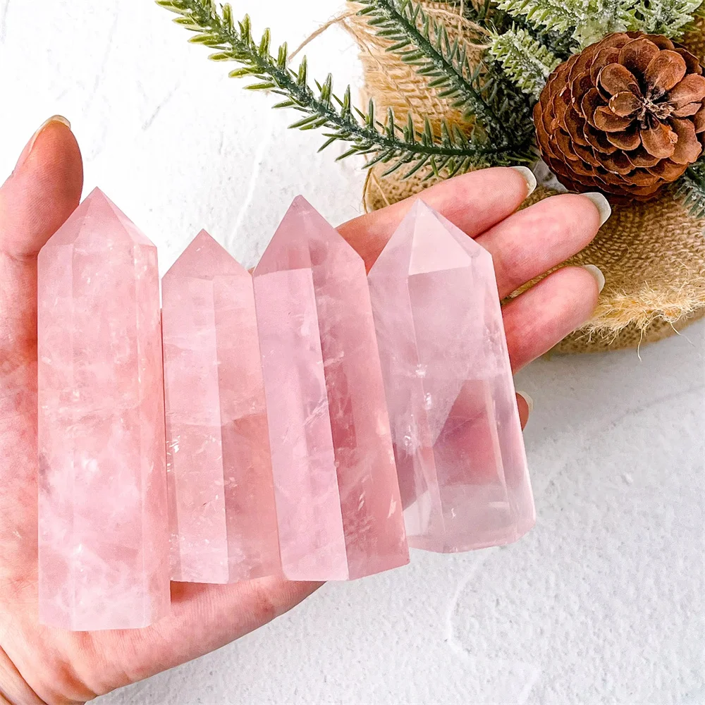 Natural Pink Crystals Wand High QualityCrafts Crystal Rose Quartz Point Tower Reiki Healing For Healing and home decoration 5