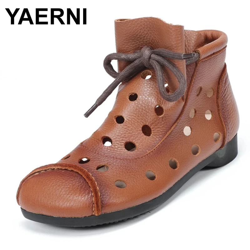 

Ankle Boots For Women Shoes Summer Sandals Genuine Leather Round Toe Hollow Out Lace up Retro Luxury Boots For Ladies