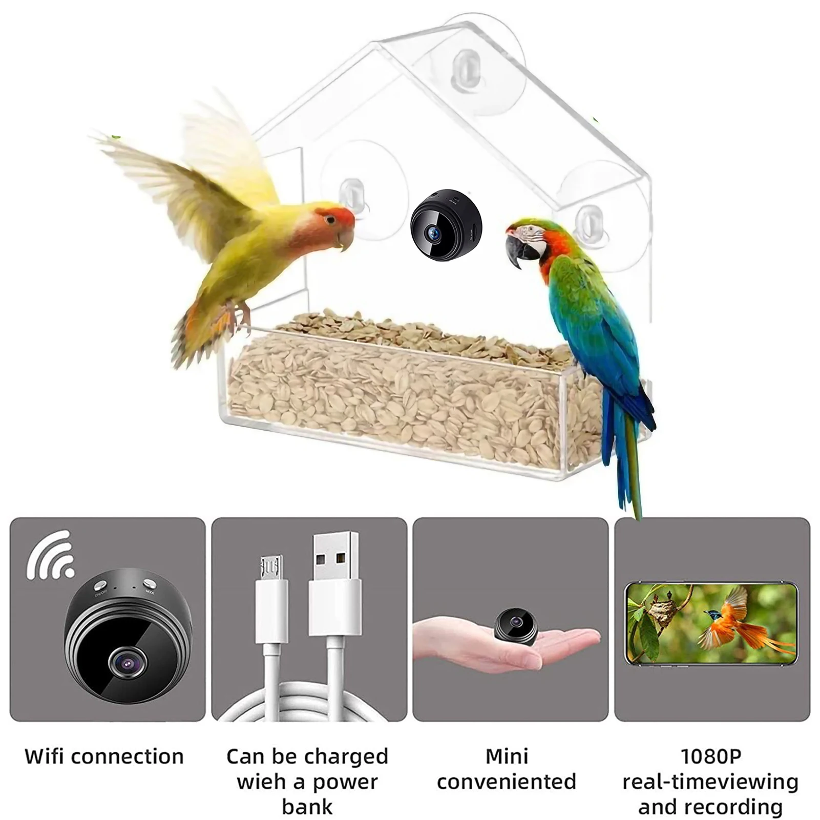 1 Pc House Shape Bird Feeder Weather Proof Transparent Removable Suction Cups Outdoor Bird Feeders Hanging Bird House for Garden