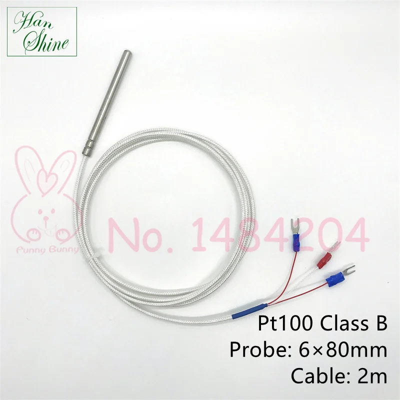 PT100 센서 RTD 클래스 B 6mm * 80mm 온도 프로브, 3 선 2 m 고온 차폐 FEP 케이블
