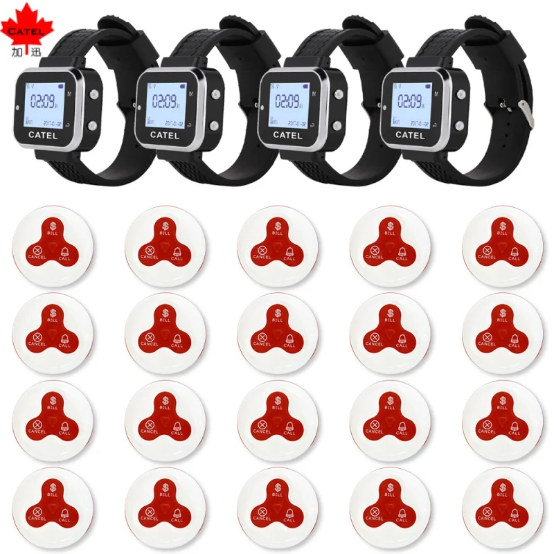 

CATEL Wireless Calling System 20 Call Button Transmitters 4 Watch Pager Paging System For Restaurant Waiter Service Bell Buzzer