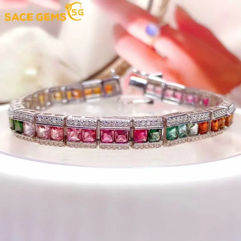 

SACE GEMS New Certified 3mm Natural Tourmaline Bracelets 925 Sterling Silver 17cm for Women Engagement Party Fine Jewelry Gift