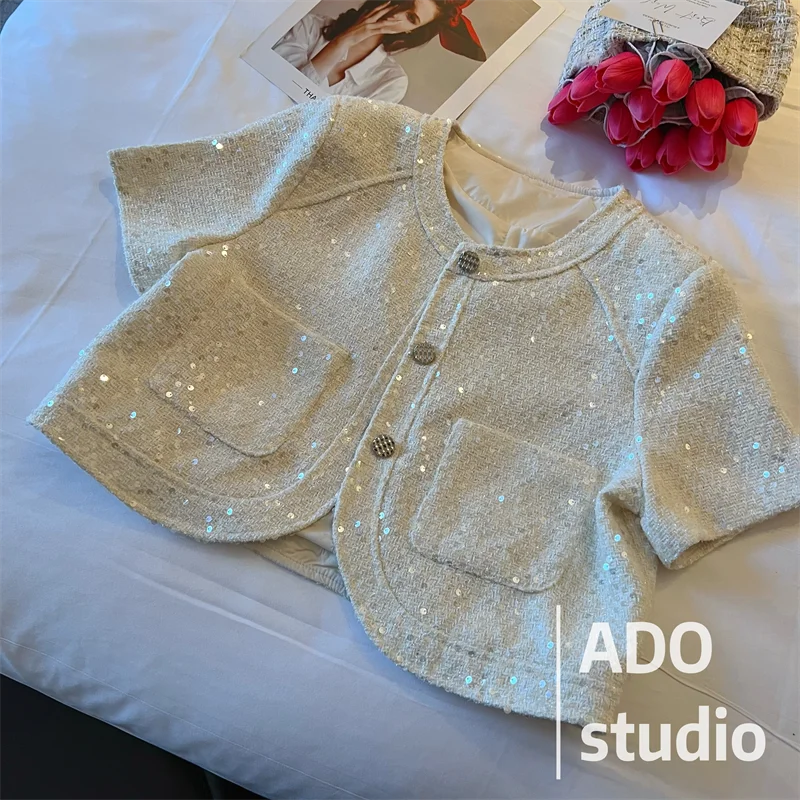 Fashionable Sequined Short-Sleeved Coat Female 2023 Summer New Short French Cardigan Short-Sleeved Top Jackets for Women