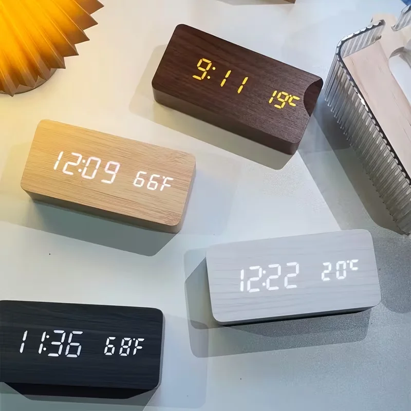 Wooden Digital Alarm Clock LED Table Clock with Temperature for Bedroom ...