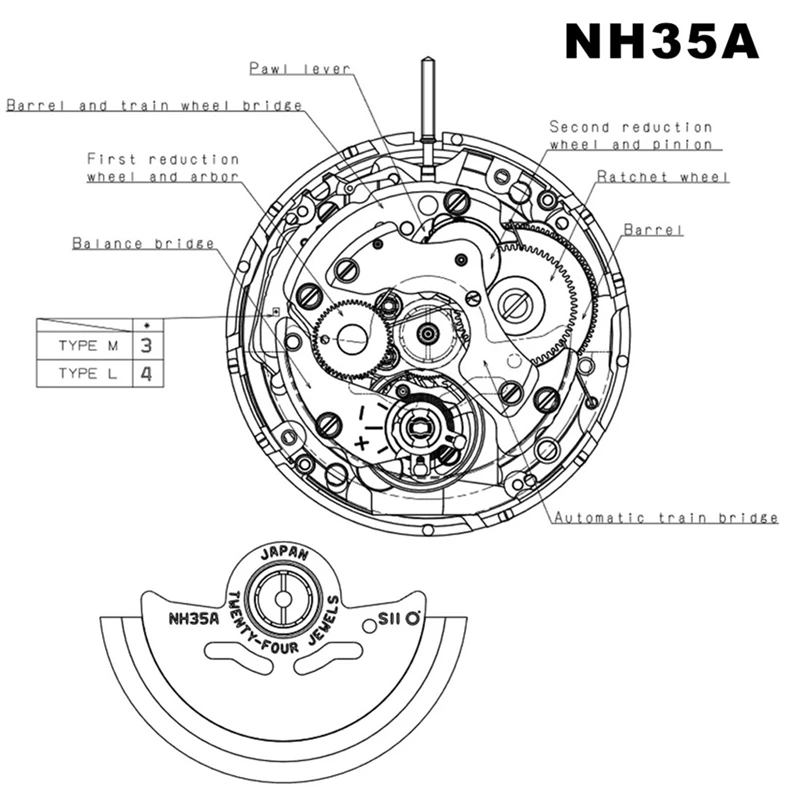 NH35/NH35A Day Date Set High Accuracy Automatic Mechanical Watch Movement+Steel Stem+Week Dial+Calendar Dial+Check Rod