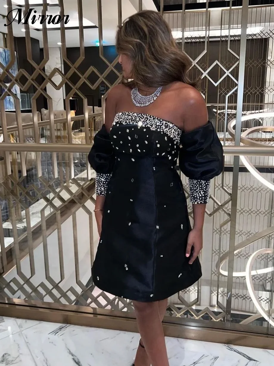 

Mirror Dress Elegant Vintage Sexy Black Crystal Beaded Short Strapless Customized Formal Occasion Prom Dress Evening Party Gowns