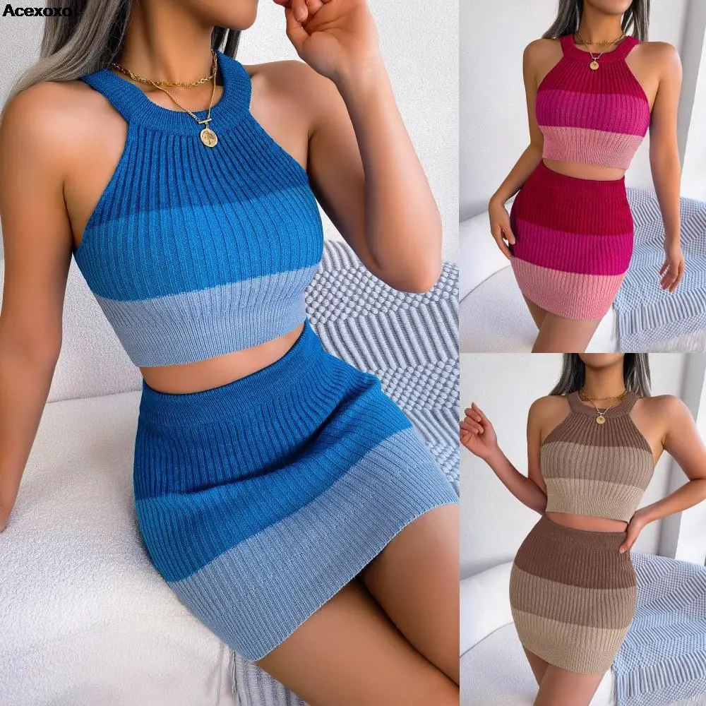 

2023 spring and summer new women's striped splicing halter sleeveless slim temperament package buttock two-piece set
