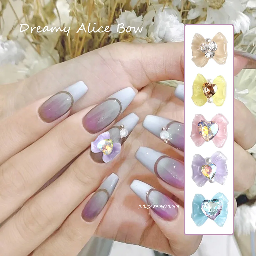 

100 Dreamy Alice Style Bow Nail Charms for 3D Ornament Cool Summer's Ice Clear Heart Rhinestones Adorn Bow Tie Nail Trinlets DIY