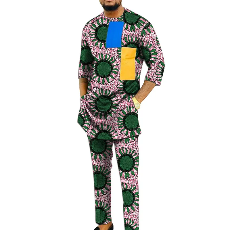 Blue+Yellow Color Decorative Block Patchwork Tops With Pants Three Quarter Sleeves Men's Set Male Nigerian Fashion Wear blue yellow color decorative block patchwork tops with pants three quarter sleeves men s set male nigerian fashion wear