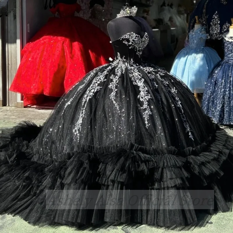 Mexico Black Sweetheart Quinceanera Dress Lace Appliques Corset Prom Dress 3D Flowers Ball Gown Sweet 16 Party Robe De Bal