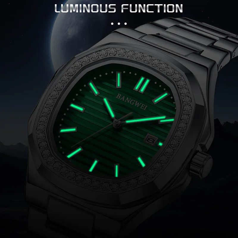 BANGWEI Square Quartz Watches For Men Silver Stainless Steel Waterproof Luminous Men Watch Casual Business Sport Date Watch Men