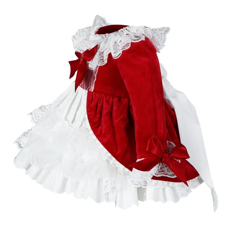 4pcs/set Red Velvet Autumn Winter Girl Vintage Spanish Dress Pompom Ball Princess Dress Lolita Christmas Party for Girl girls dress princess costume