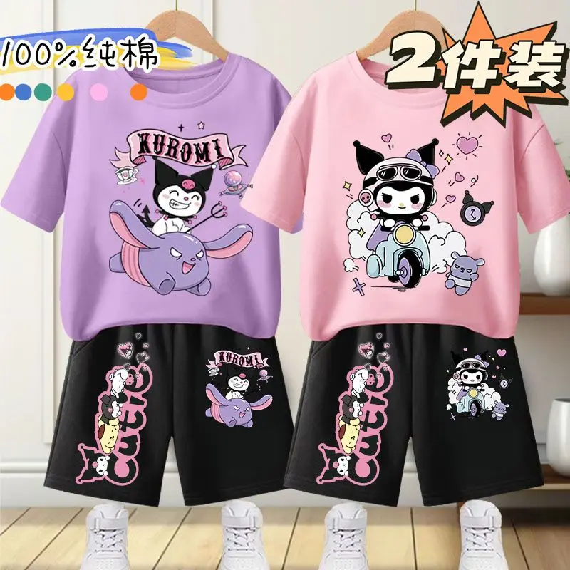 

Костюм 24 Sanrio Kuromi с коротким рукавом женская хлопковая Футболка кавайная летняя Аниме Фигурка Студенческая Милая новая мультяшная Милая