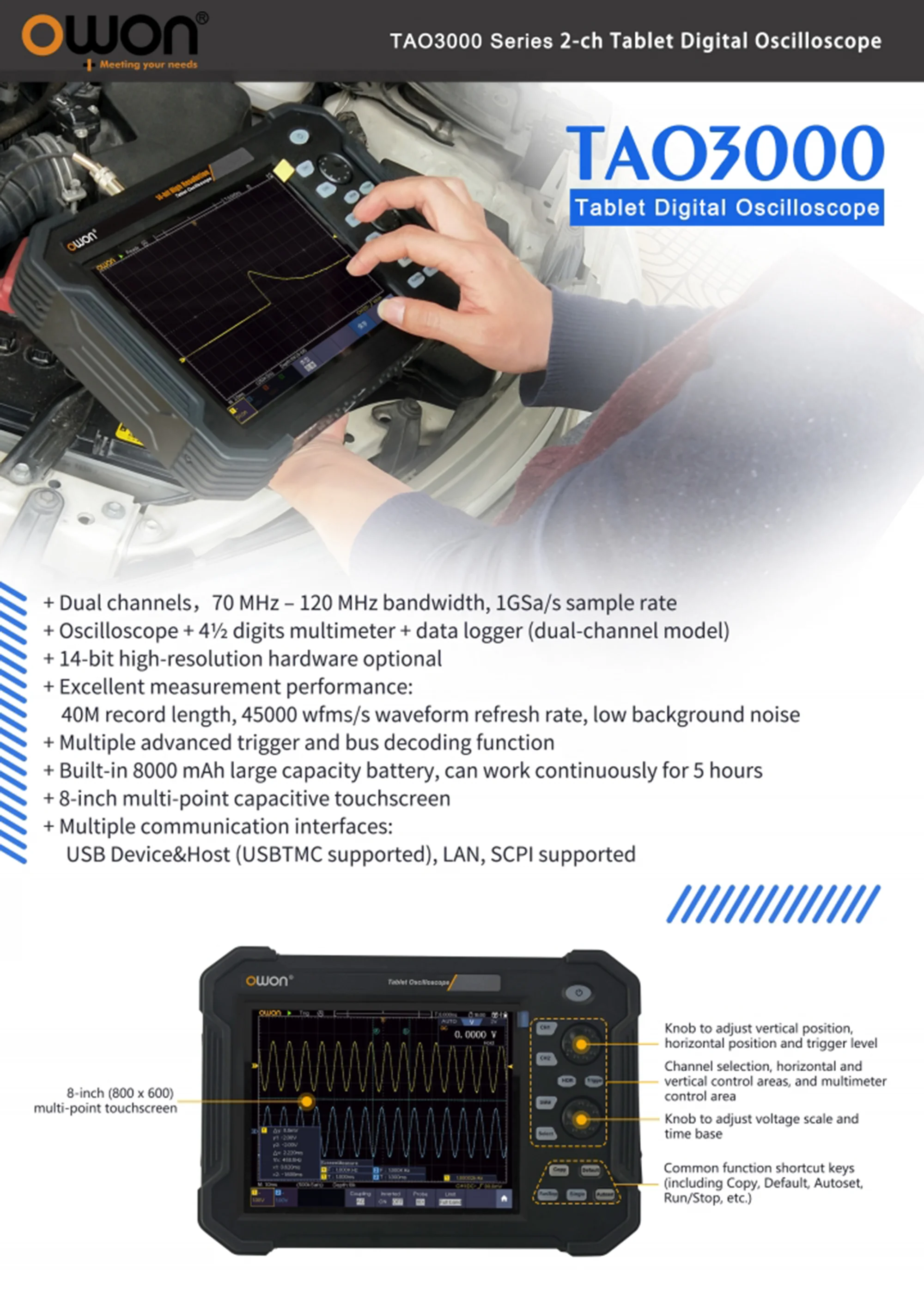 Portable Tablet Digital Oscilloscope 2CH 1GS/s 8 bits TAO3072 TAO3102 14 bits TA