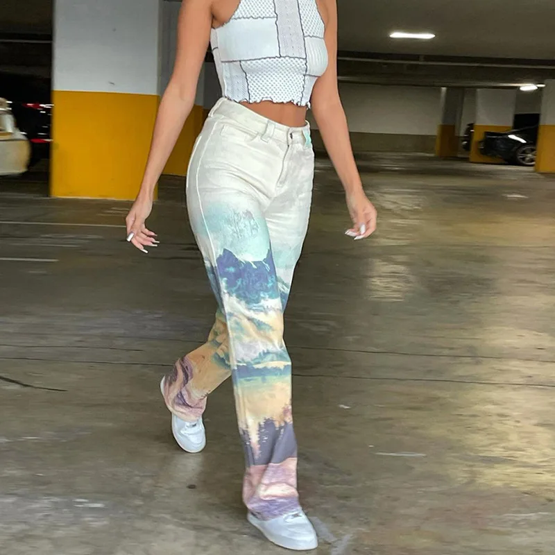 2024 Y2K Cyber Women Cotton High Waist Jeans All-Match Indie Baggy Casual Straight Pants Colorful Chic Streetwear Denim Trousers