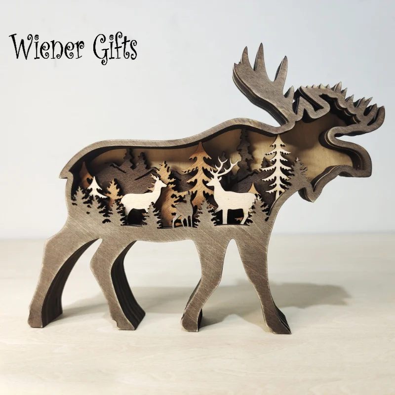 

Home Decoration Wooden Hollowed Small Wolf Elk and Brown Bear Statue Figurines Cute LED Light Desktop Ornaments Home Decor Gifts