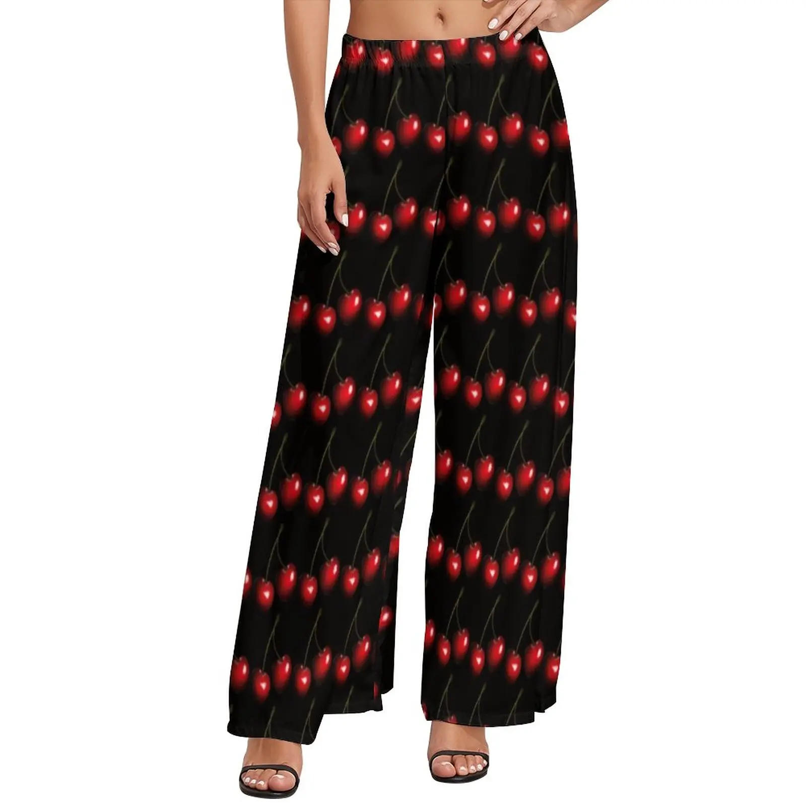 

Fresh Fruit Print Pants Red Sweet Cherries Street Fashion Straight Wide Leg Pants High Waist Home Trousers Large Size