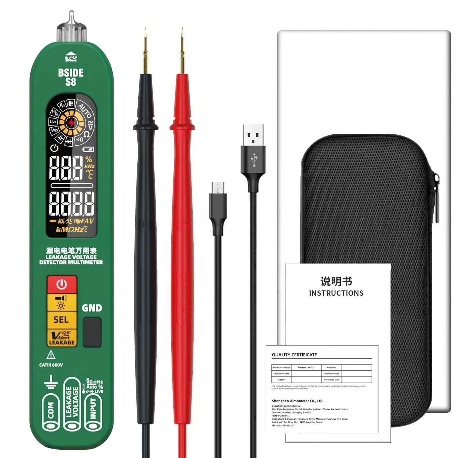 BSIDE S8 Pen Type Intelligence Digital Multimeter Leakage Pen Capacitor Temperature Voltage Detector Rechargeable EBTN Display