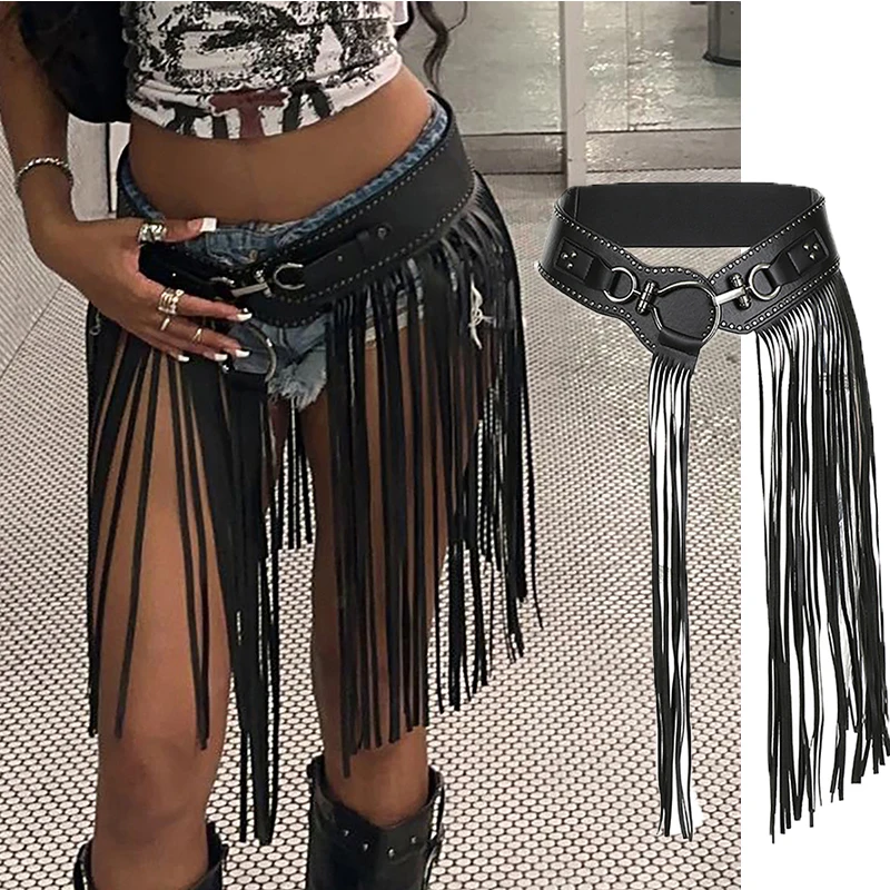 

2023 Luxury Design Maikun Punk Goth Belts For Women Personality Long Tassels Skirt Fashion Rivet Wide Elastic Black Female Belt